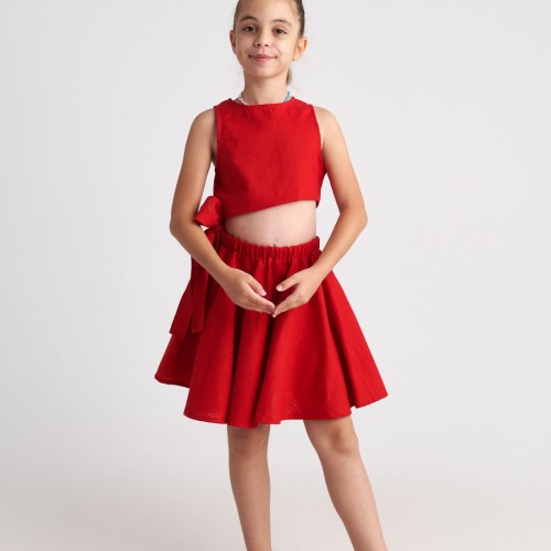 T7016 Παιδικό φόρεμα με ρουμπίνι και ραμί στο πλάι