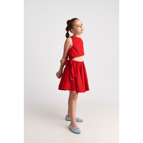 T7016 Παιδικό φόρεμα με ρουμπίνι και ραμί στο πλάι