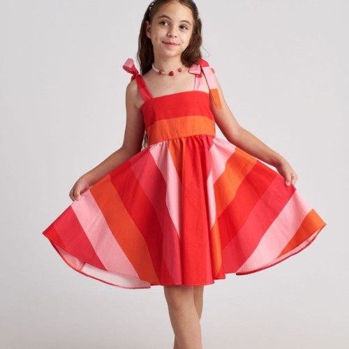 T7068 Scarlet Striped Backless Circle Dress For Kids
