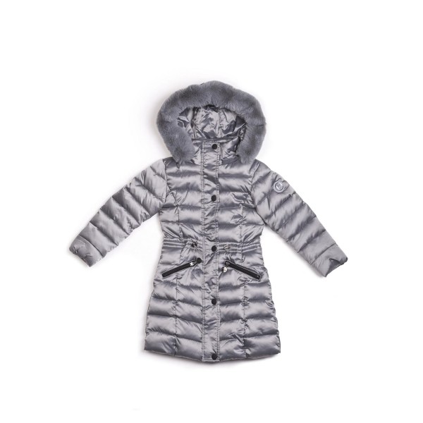 Μπουφάν κοριτσιού σε γκρι γυαλιστερό χρώμα με τσέπες στο μπροστινό μέρος,λεπτομέρεια σούρας στη μέση,γούνινη κουκούλα της εταιρίας  Coconudina