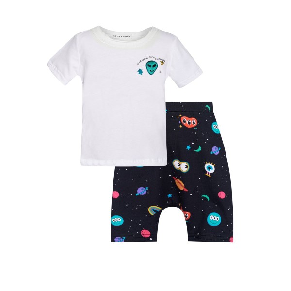 T7341 Out Of Space Top And Allover Print Slouchy Shorts Baby Set