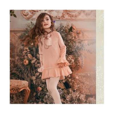 Φόρεμα βελουτέ ροζ σομον μακρύ μανίκι με κόσμημα κορίτσι petit