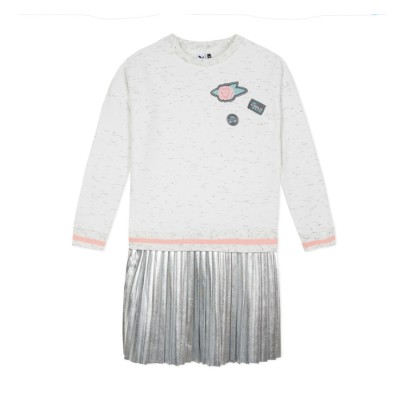 Φόρεμα φούτερ με πλισέ ασημή γυαλιστερό  λευκό γρι μακρύ μανίκι 3pommes