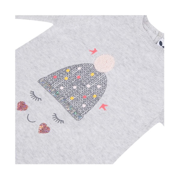 Φόρεμα πλεκτό βαμβακερό γρι με τύπωμα μακρύ μανίκι κορίτσι 3pommes