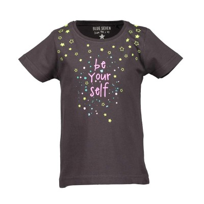 Μπλούζα μακό καφέ με τύπωμα γράμματα κίτρινα ροζ κοντό μανίκι Blue seven