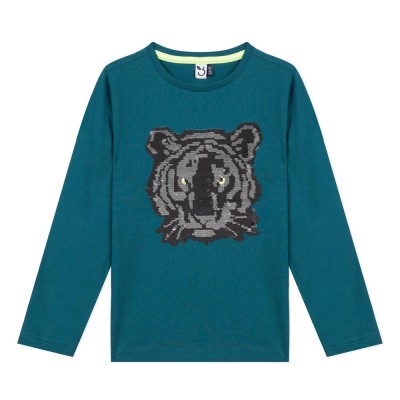 Μπλουζάκι αγοριού με μακρύ μανίκι σε πετρολ χρώμα με σχέδιο απο παγιέτα λιοντάρι της εταιρίας 3Pommes