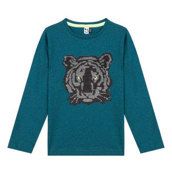 Μπλουζάκι αγοριού με μακρύ μανίκι σε πετρολ χρώμα με σχέδιο απο παγιέτα λιοντάρι της εταιρίας 3Pommes